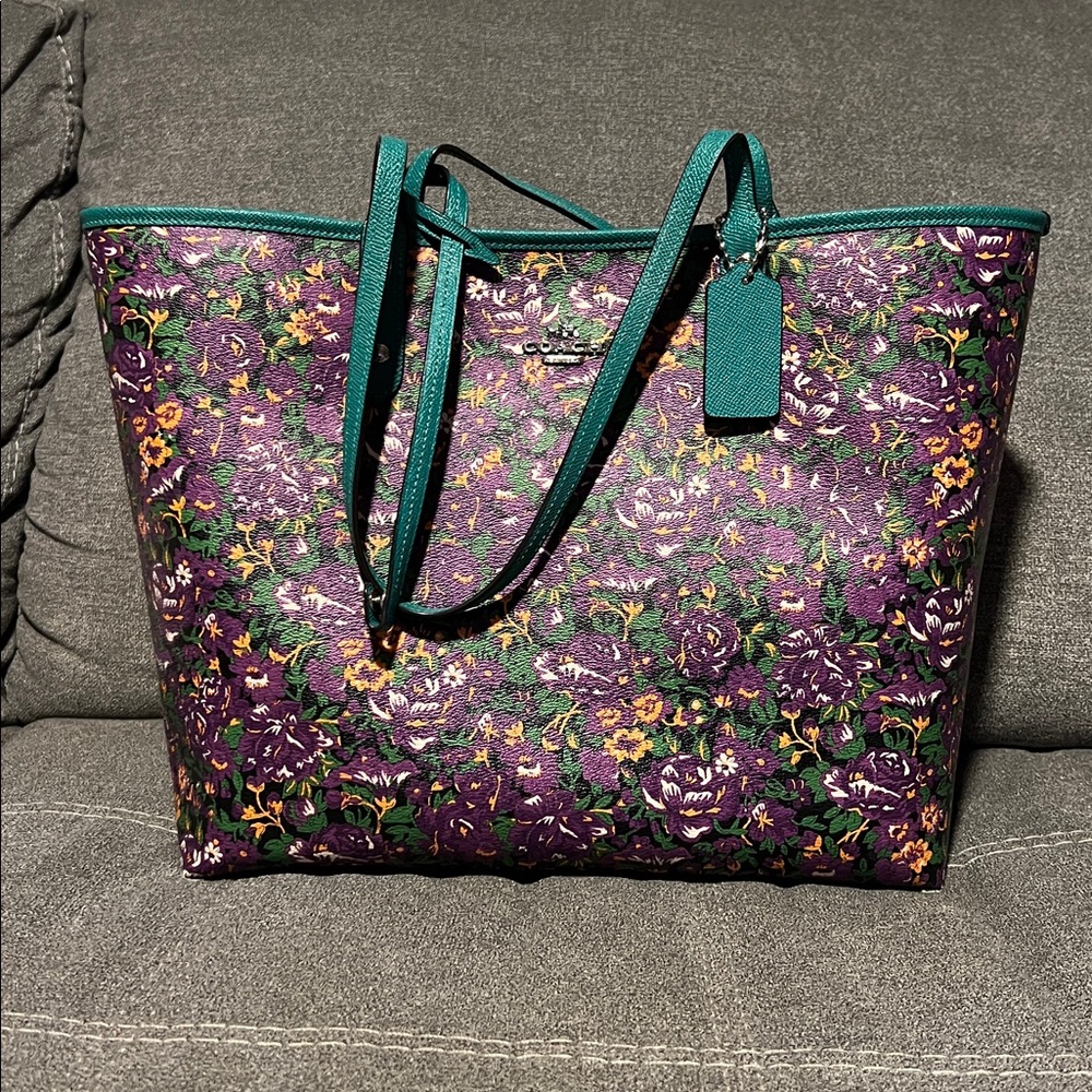 Coach Purple and Teal Floral reversible City Tote